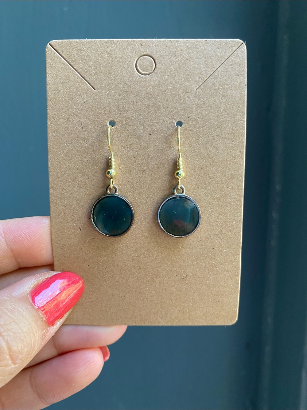 Gold Drop Earrings with Dark Green Stone - Women Jewelry